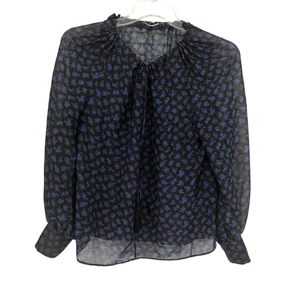 Saint Laurent Floral Long Sleeve Tassel Tie Semi Sheer Top Black Blue M - Picture 1 of 12